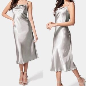 Bebe Satin Cowl Neck‎ Midi Slip Dress Silver size XL